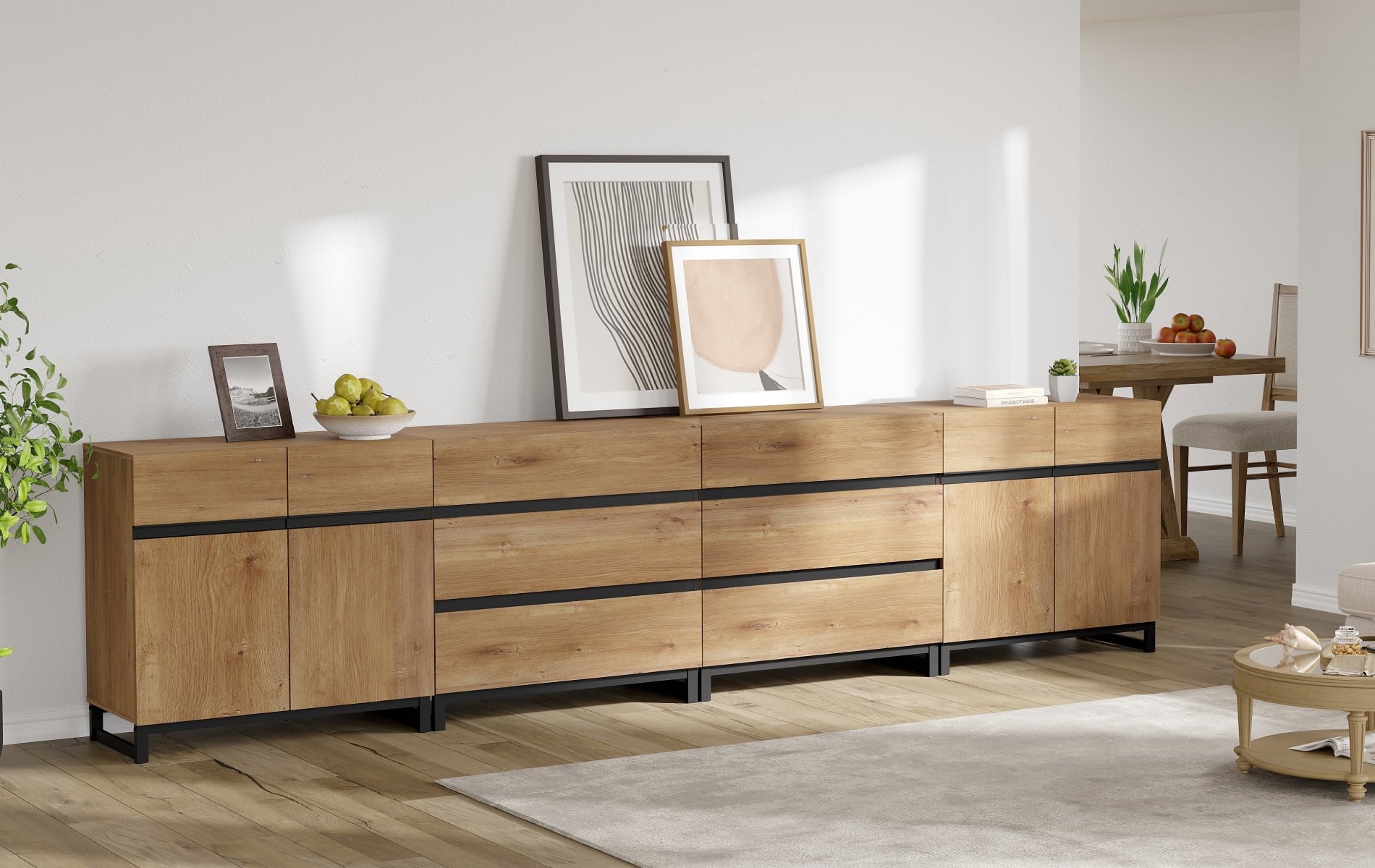 WAMPAT 4 in 1 Modern Sideboard with Adjustable Shelves and 6 Drawers, Coffee Bar Cabinet for Living Room, Kitchen, Oak