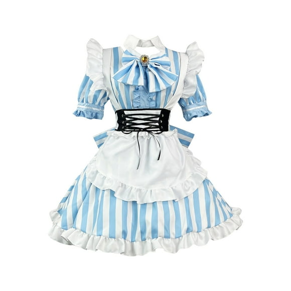 Amzcrzy Dresses for Women Plus Size Dresses for Curvy Women Womens Dresses Cute Japanese Sweet Striped Maid Costume Role-playing Large Dress Short Sleeved Round Neck Knee Length Dress