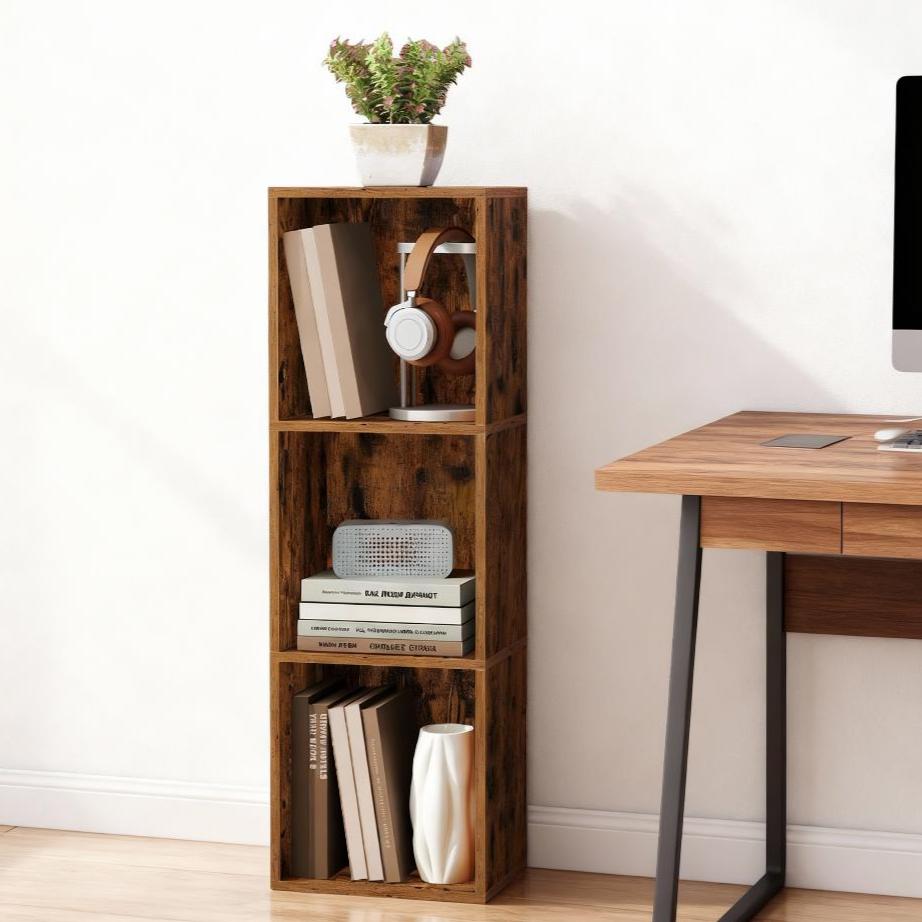 LEDREM 3-Tier Bookshelf with Adjustable Open Shelves, Tall Bookcase Space-Saving for Living Room Home Office, Rustic Brown