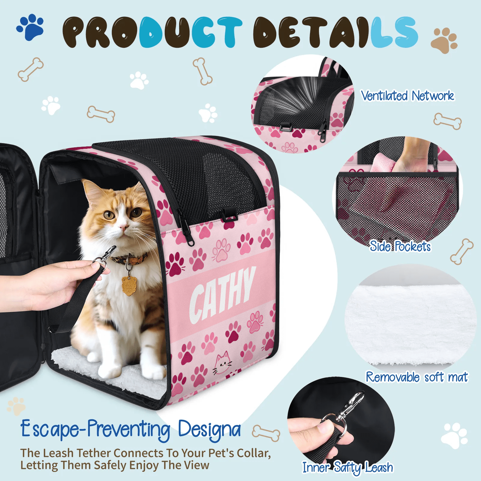 Personalized Cat Backpack Carrier, Custom Name Pet Carrier Bag for Small Cats and Puppies, Breathable Mesh Travel Backpack for Hiking, Walking, Gifts for Cat Lovers