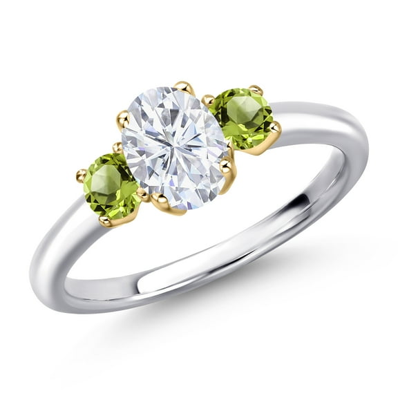 Gem Stone King 10K Two Tone Gold White Moissanite and Green Peridot Engagement Ring for Women | 1.31 Cttw | Oval 7X5MM | Gemstone Birthstone | Size 7