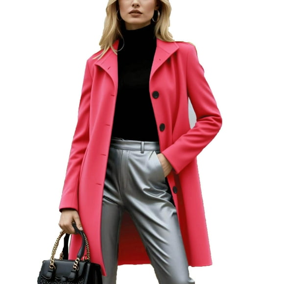 Lovzfmll Women's Trench Coat, Notch Lapel Long Sleeve Thickened Wool Mid-Length Hot Pink, L