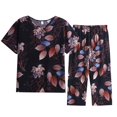 thumbnail image 1 of SNNROO Pyjama 2 Pcs pour Femmes Tenues Décontractées en Coton et Lin Imprimé Floral Col Rond Manches Courtes Pantalons Capris Ensembles Doux et Respirants (X-Grand Rouge E), 1 of 4