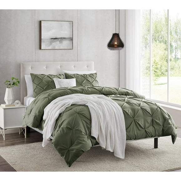 Green Duvet Cover Queen Size - Pintuck Queen Duvet Cover Set, 3 Piece Double