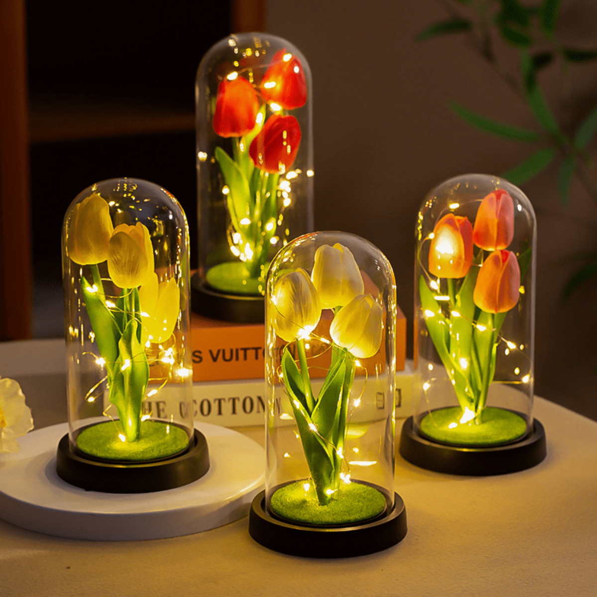 FTCBJJA Preserved Artificial Tulip Bouquet in Glass Dome with LED Fairy Lights, Glass Rose Artificial Flowers with Eternal Tulip, Home Decor Accent, Romantic Flower for Mom,Women&Wife,Gradient Purple