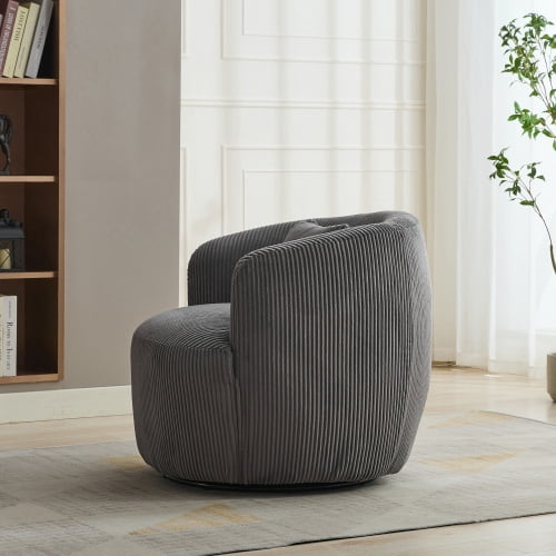 BSHTI 34.25" Wide Upholstered Corduroy 360°Swivel Barrel Soft Accent Chair with Pillow,Circular Reading Armchair for Living Room,Bedroom,Office,Lounge,Charcoal