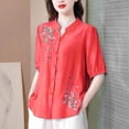 thumbnail image 4 of V Cuello Blusas para las Mujeres, de Moda Retro Bordado Cuello Redondo Cinco Cuartos de Manga para el Uso Casual, 4 of 5