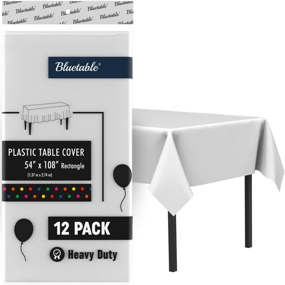 Plastic Tablecloth Disposable - White Rectangle (12 Pack) Bulk - Heavy Duty Table Cloth (54” x 108”)
