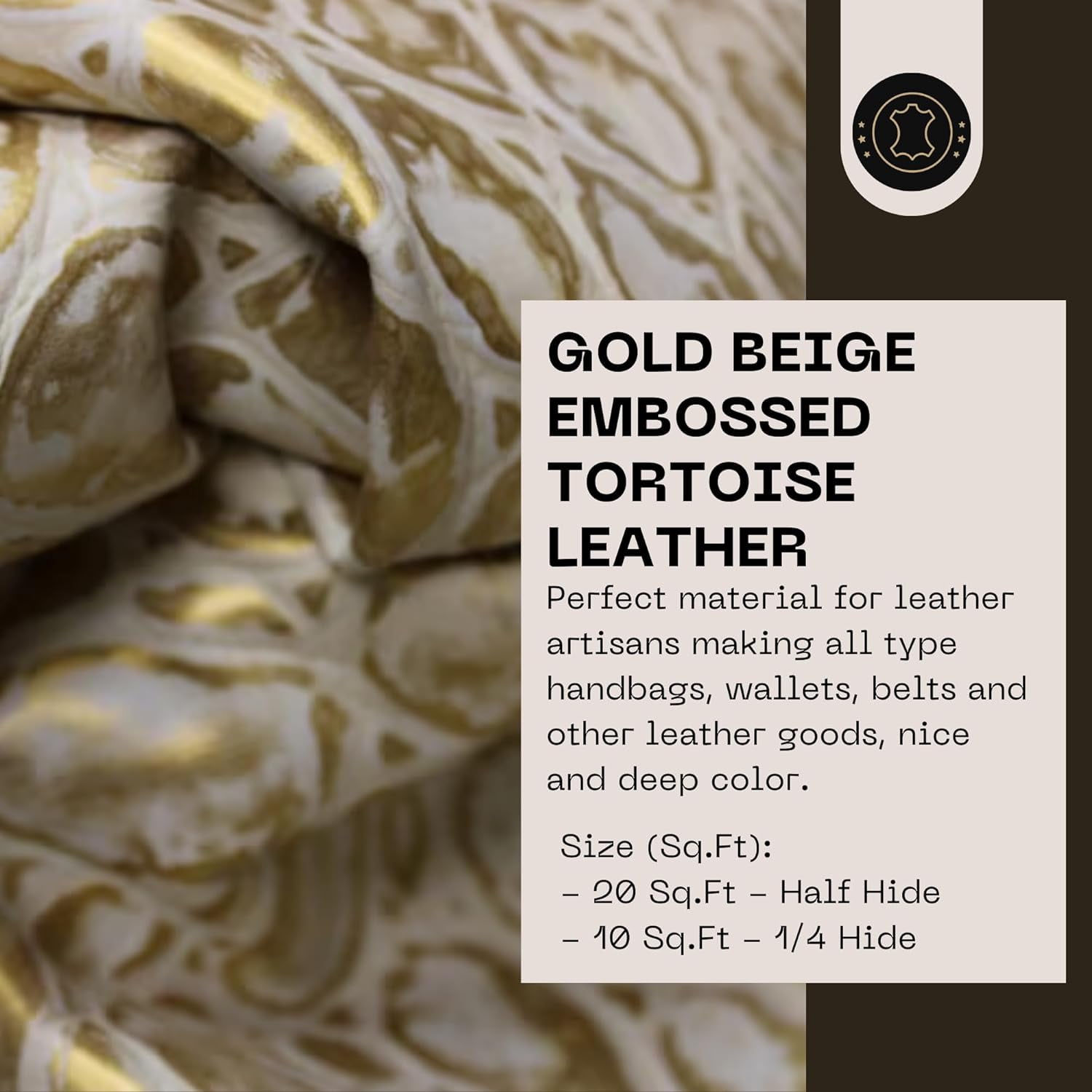 ArtisanCowhides Genuine Tortoise Embossed Cowhide Leather for Crafts  – Beige Gold 10 Sq ft