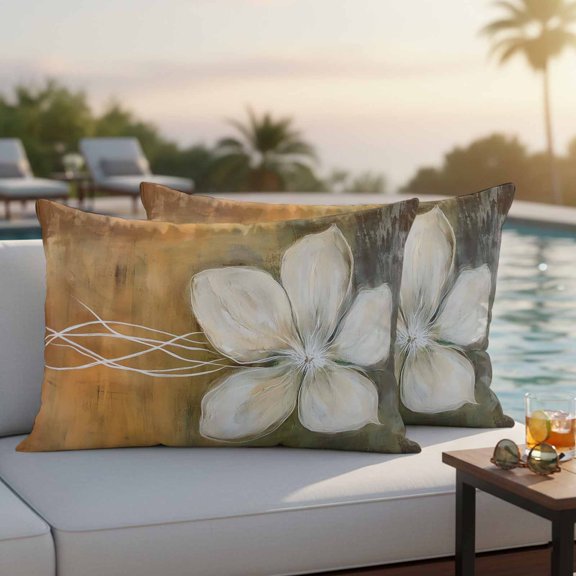 White Floral Outdoor Waterproof Throw Pillow Covers Set of 2, 20"x12", Country Beige Farmhouse Pastoral Minimalist Flower Decorative Pillow Covers Outside Cushion Case for Patio Porch Garden