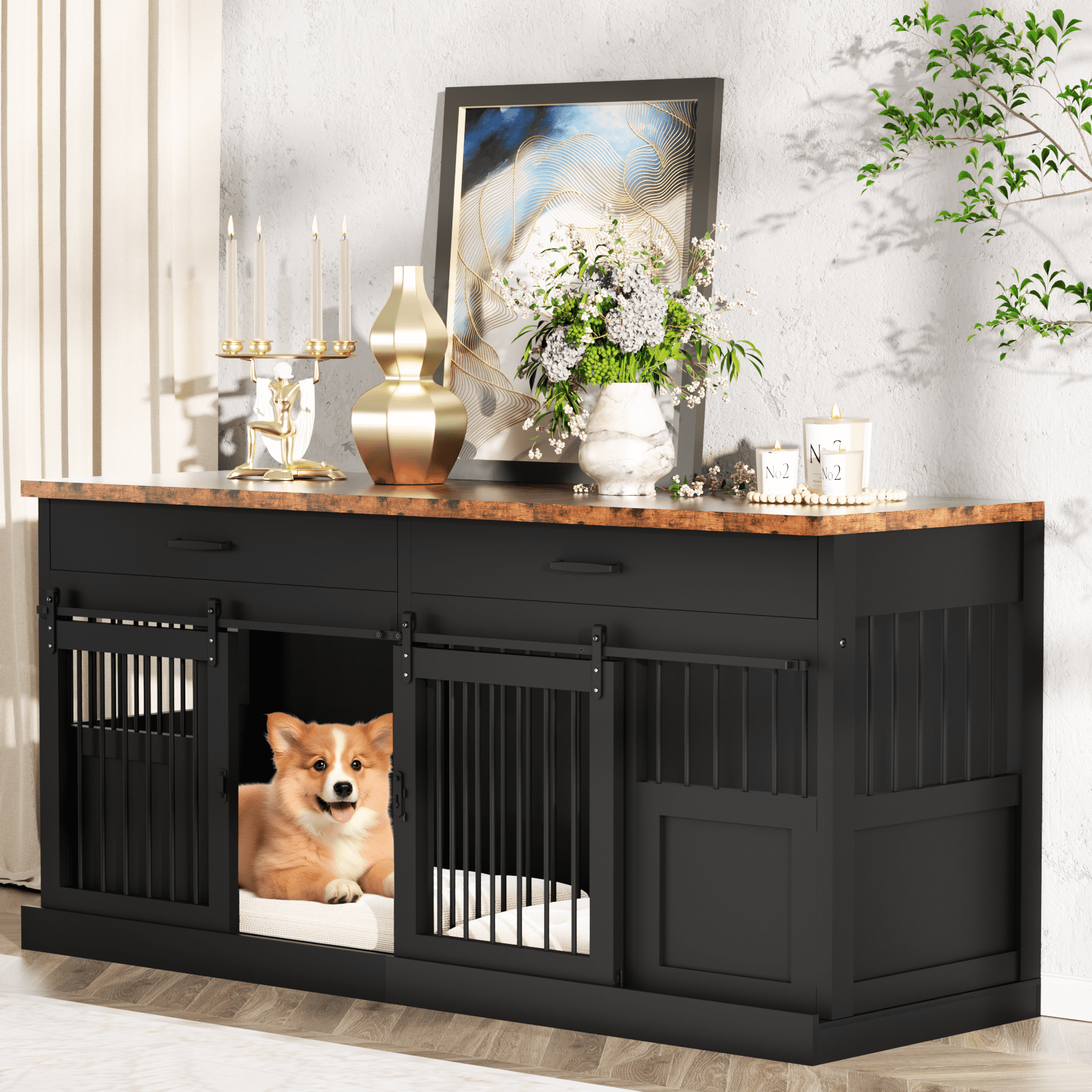 70.9" Large Double Dog Crate Furniture with Divider and 2 Drawers for 2 Dogs with 2-Door Indoor, Black+Natural Tabletop