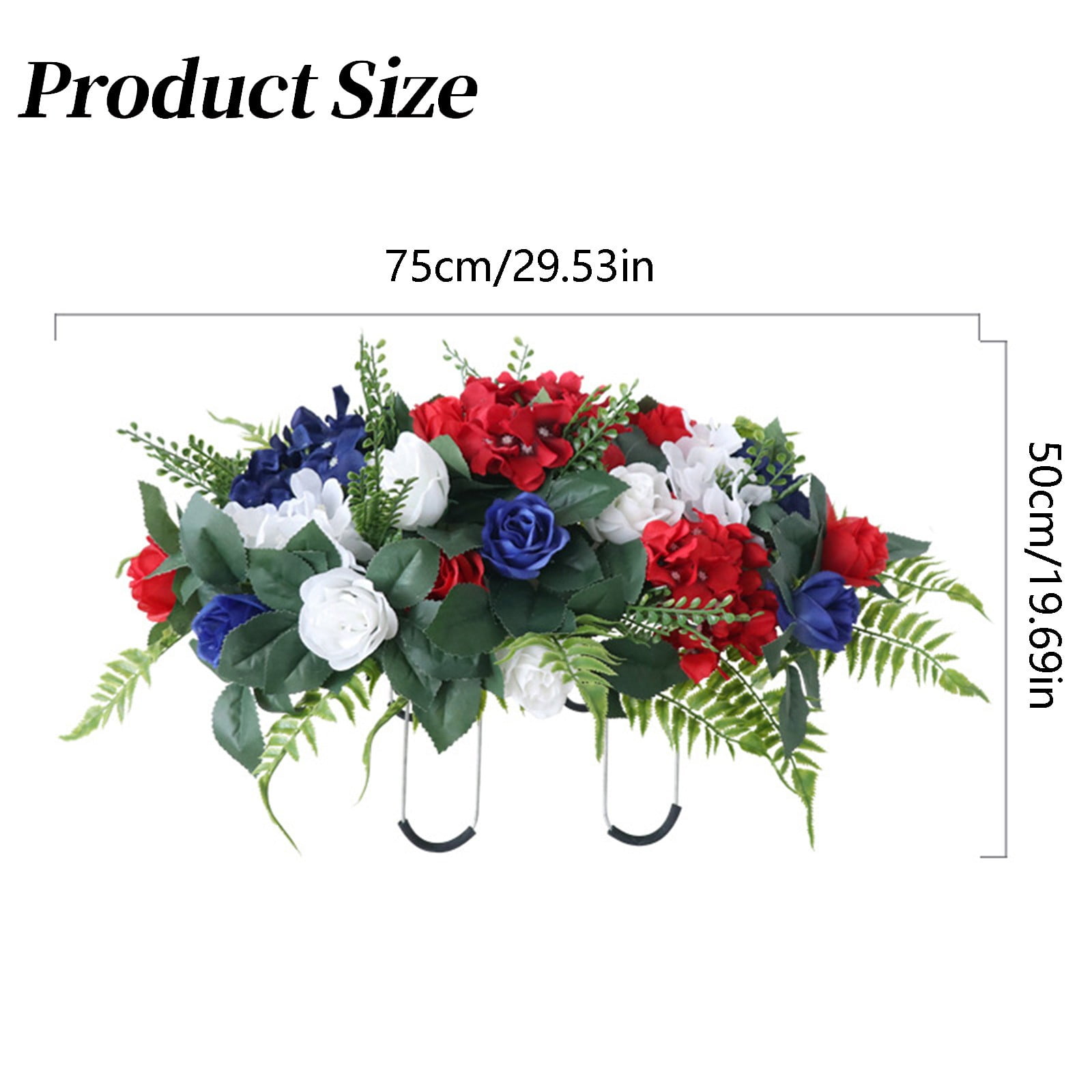 Cemetery Saddles for Headstones Patriotic Cemetery Saddle Flowers Red White and Blue Rose Arrangement with Flags, Artificial Memorial Floral Saddle for Gravesite Outdoor Decoration Durable Design
