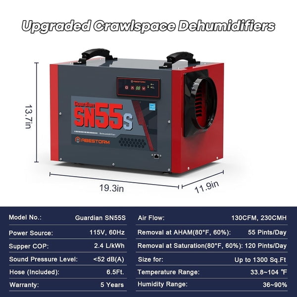 Abestorm 120Pint Crawlspace Dehumidifier Home Commercial Dehumidifiers SN55-Red