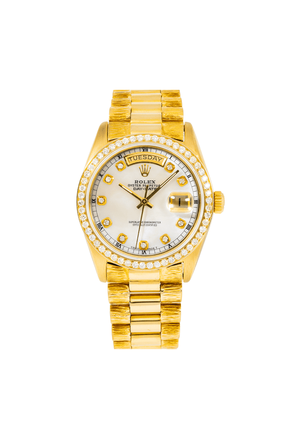 Pre-Owned Rolex Day-Date 36MM 18078 Silver Diamond Dial Diamond Bezel 18K Yellow Gold President Bracelet