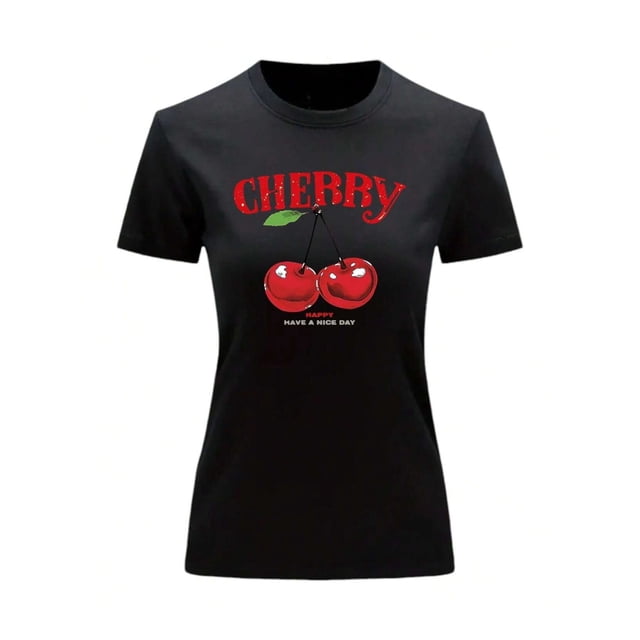 Playera Blusa De Cerezas Cherry Happy Have A Nice Day Casual Ropa Para Mujer Ropa De Dama Color Negro Talla Grande Marca Emil SaEs
