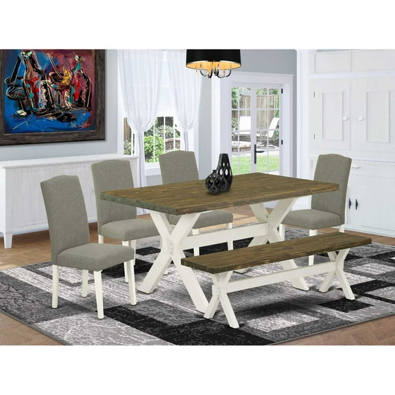 East West Furniture X076EN206-6 6-Piece Amazing an Outstanding Distressed Jacobean dining table Top and Distressed Jacobean Small Bench and 4 Lovely Linen Fabric Parson Chairs with Nail Heads and...