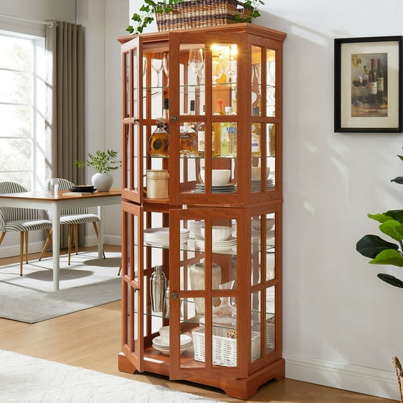 CQSXDA Antique Curio Display Cabinet Dark Oak with Four Door Design Adjustable Shelves for Collectibles Home Office Showcase