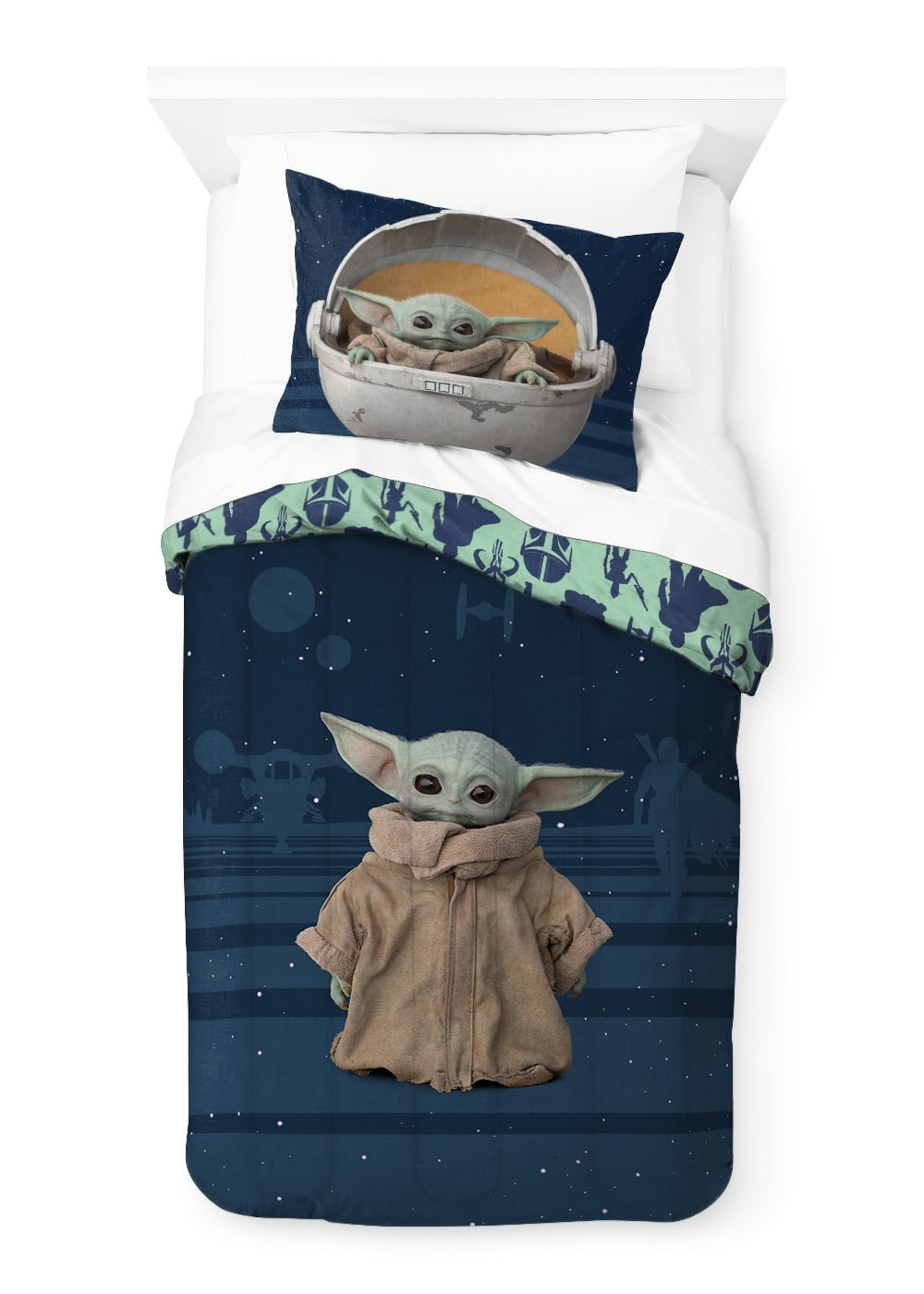 Baby Yoda The Child Kids 2-Piece Twin/Full Reversible Comforter and Sham Bedding Set, Microfiber, Blue, Star Wars