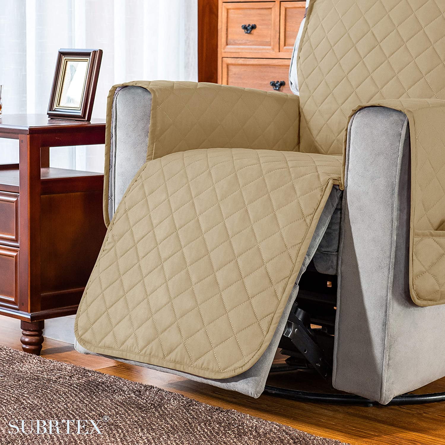 Subrtex Reversible Recliner Chair Fabric Slipcovers, Microfiber Fabric, Khaki