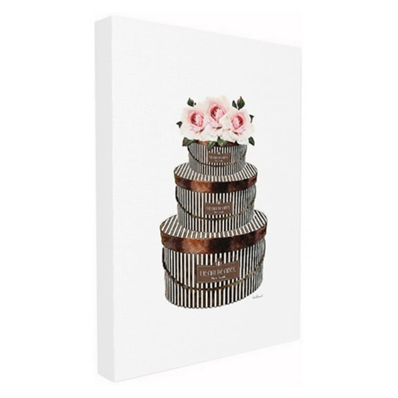 The Stupell Home Decor Collection Brown Striped Hat Boxes with Pink Roses Stretched Canvas Wall Art, 16 x 1.5 x 20