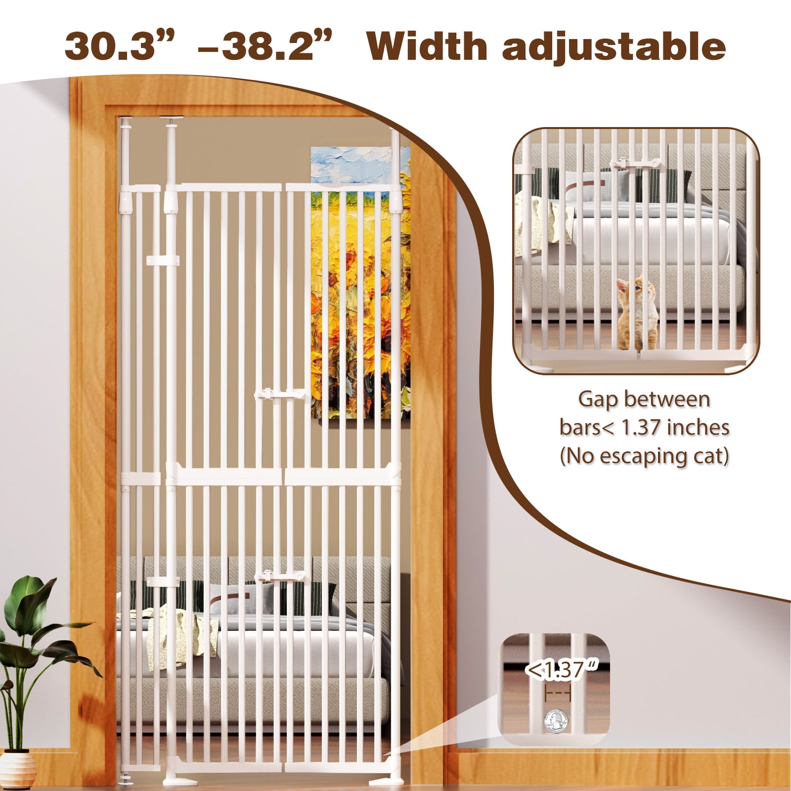 XJD 71" Extra Tall Cat Gate – Fits 30.31"-38.2" Wide Openings, Auto-Close, Narrow 1.37" Gaps, No-Drill Pressure Mount, Double Opening Design Pet Gate, White