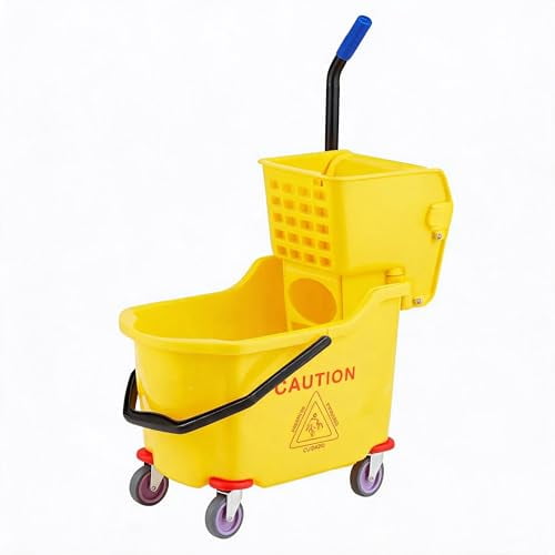Yellow Commercial Mop Bucket on Wheels with Side‑Press Wringer, 35 Quart Janitorial Floor Cleaning System
