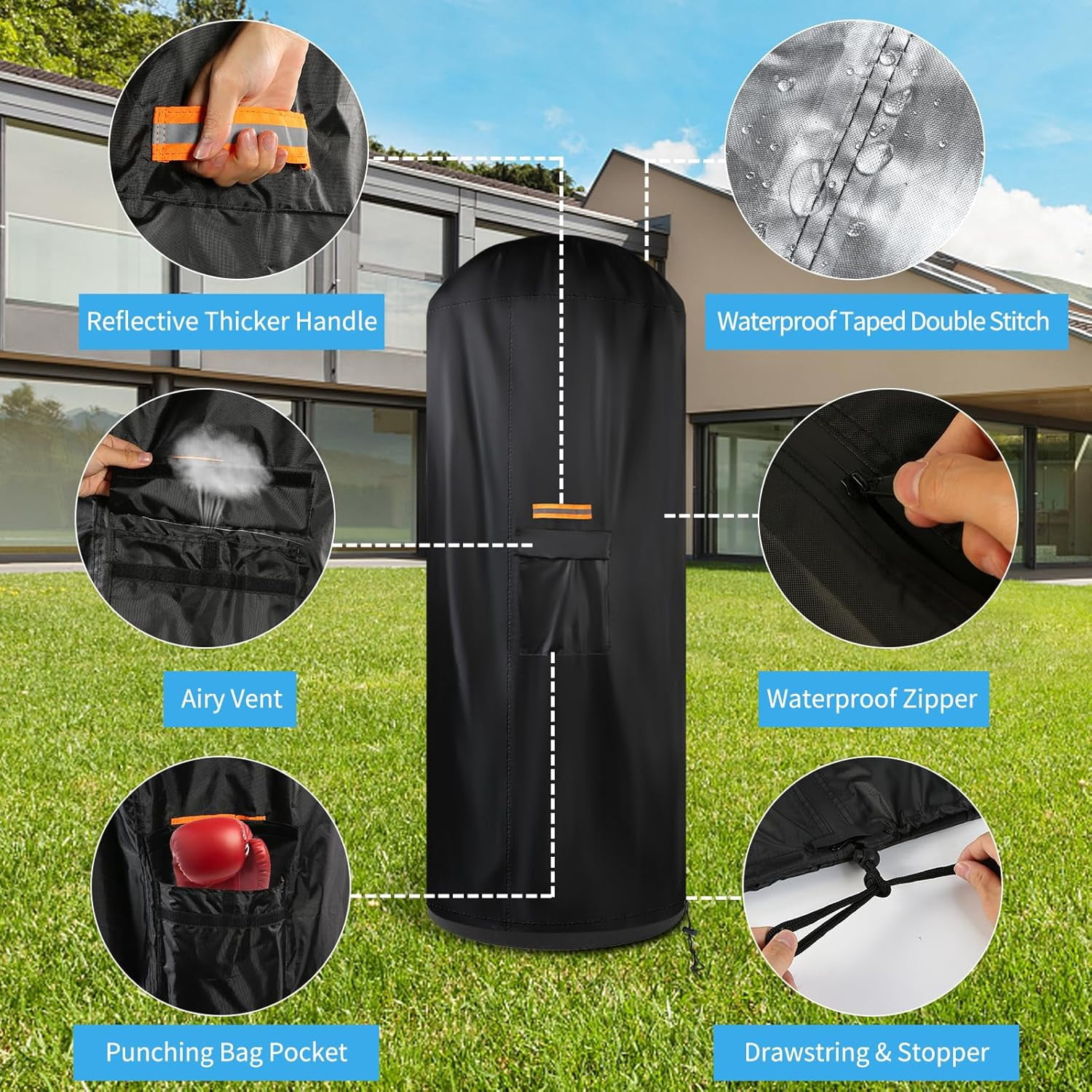 Smlper 70" x 28" 420D Oxford Free Standing Punching Bag Cover, Reflective Thicker Handle, Waterproof Zipper, Full Protector for Dummy Boxing Bag(Black)