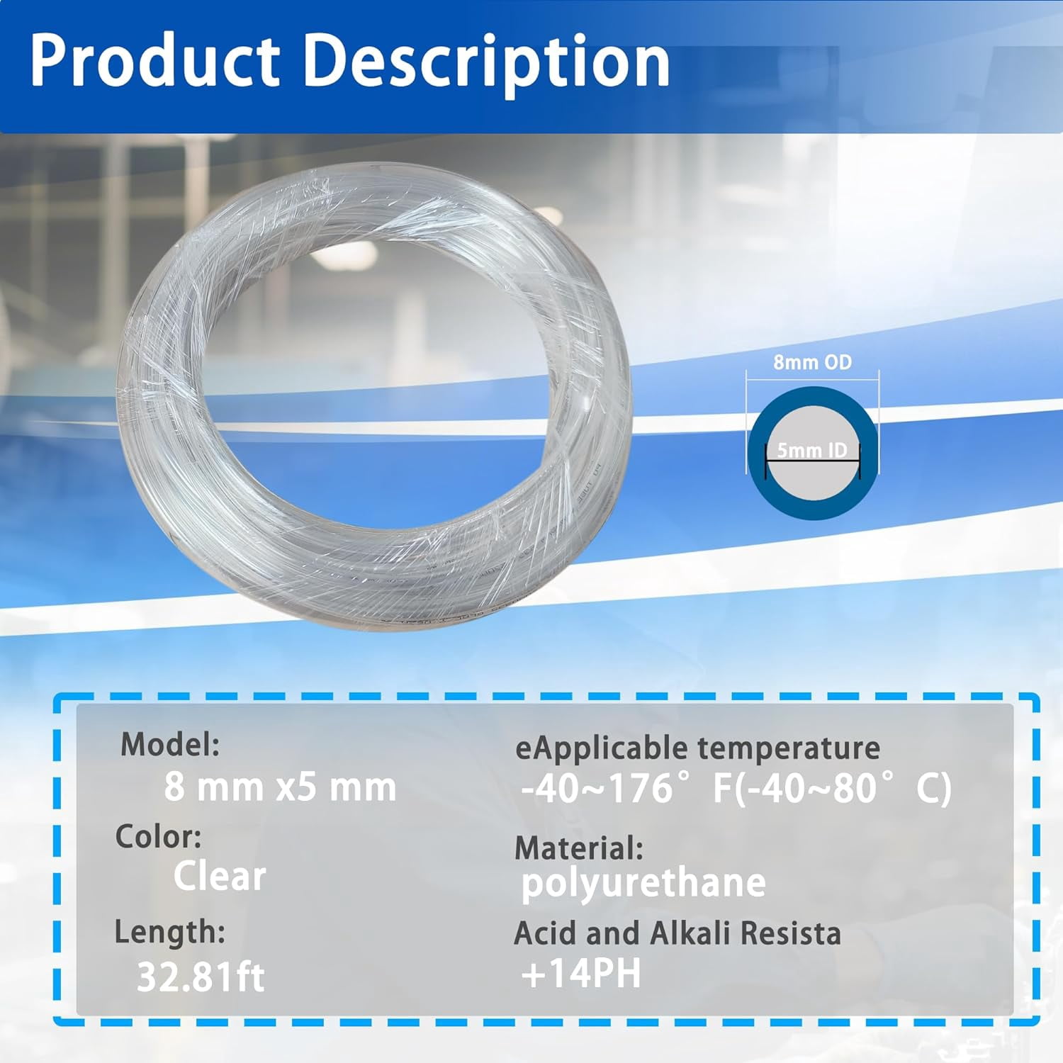 PNEUMATIC Transparent 8mm OD 5mm ID Polyurethane PU Air Hose Pipe Tube 5 Meter 16.4ft for Air Line or Fluid Transfer Transparent