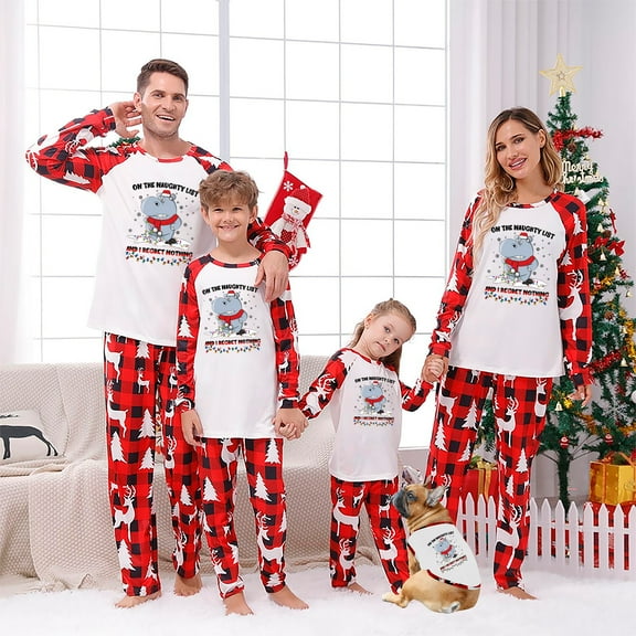 Red Plaid Family Christmas Pajamas with Hippo Design, Holiday Sleepwear for All Ages and Pets, Cotton Blend