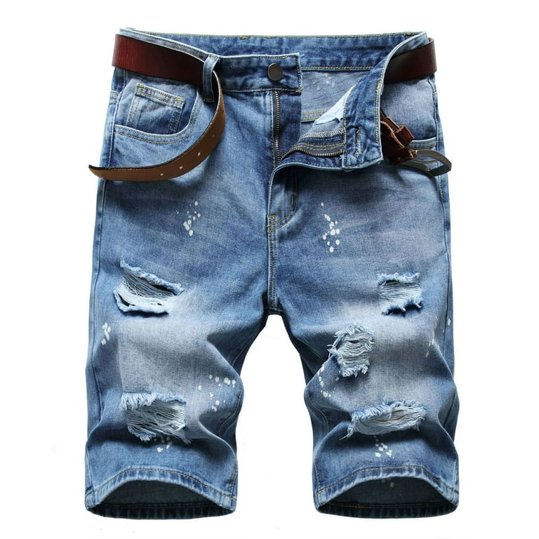 Clearance RYRJJ Mens Jean Shorts Distressed Ripped Denim Shorts Summer  Casual Classic Slim Straight Stretchy Short Jeans(NO Belt)(Blue,XL) 