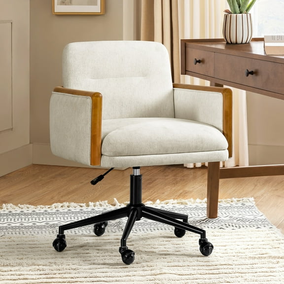 Adjustable Office Chair Swivel Linen Desk Chair with Solid Wood Arm and Backrest White