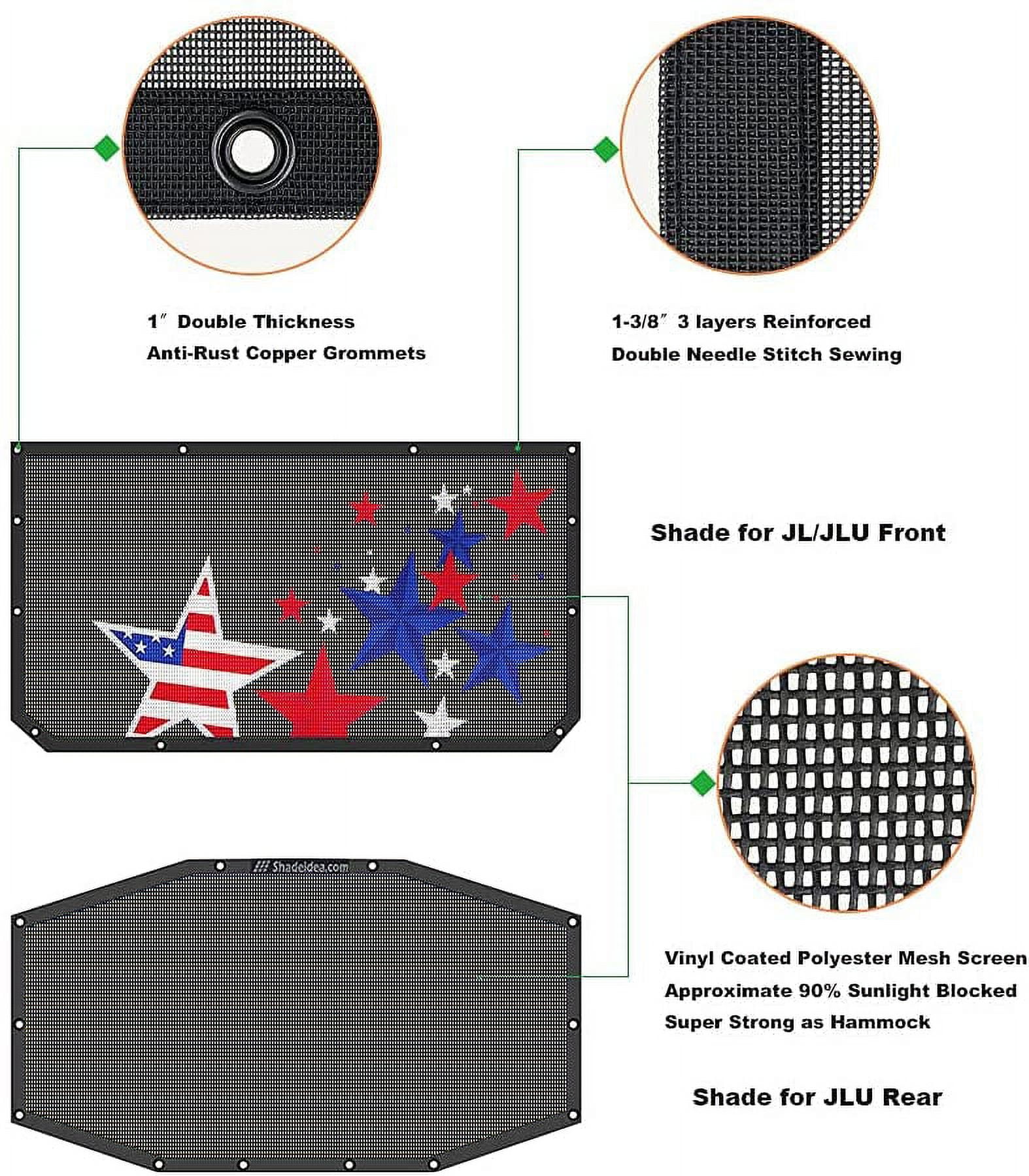 Shadeidea Jeep Wrangler Sun Shade JL 4 Door Top Sunshade, Front & Rear -(Black Mesh Screen Sunblock Cover, NO FADED Falling Star) Cover JLU (2018-Current), UV Blocker -11 Years Lasting