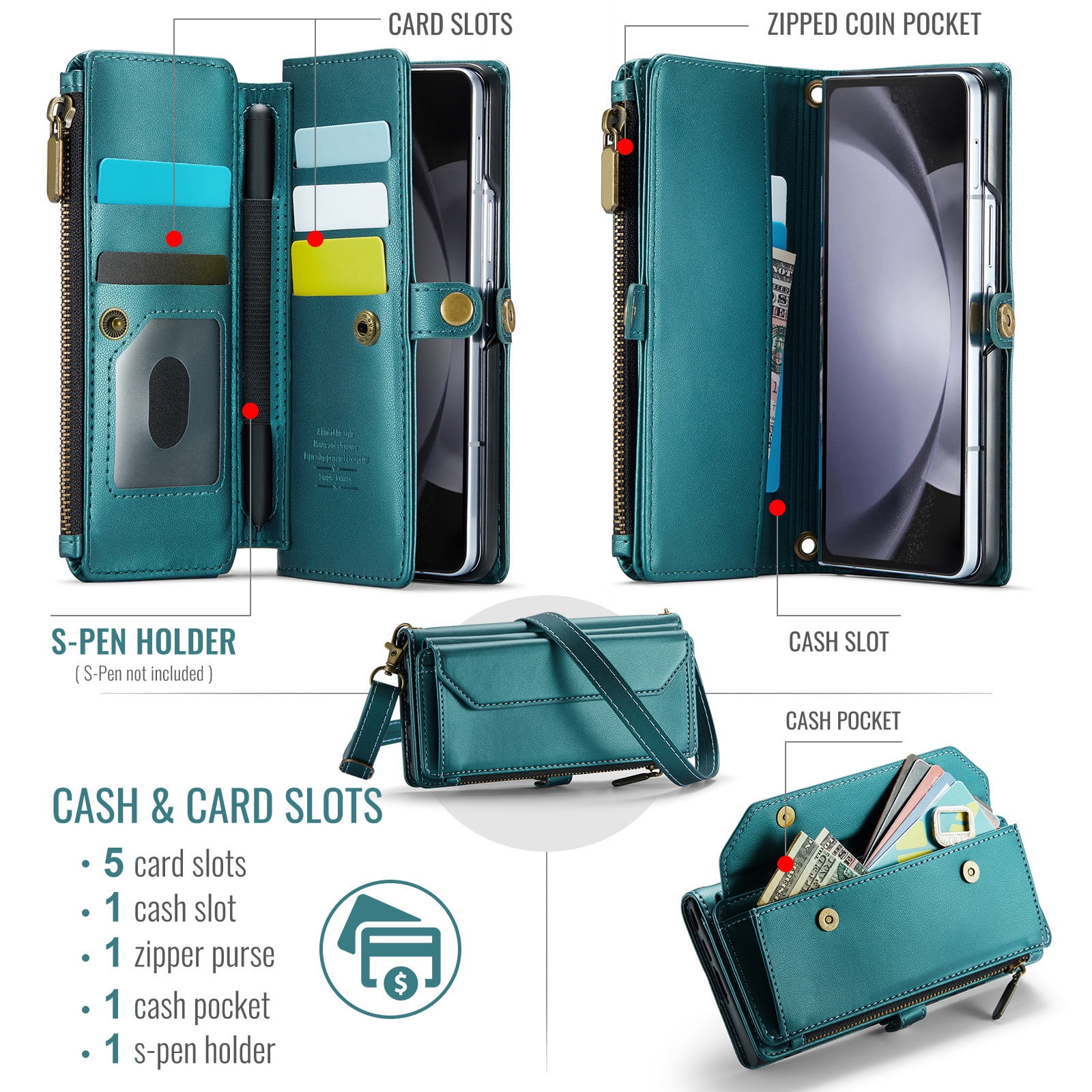 Asuwish Compatible with Samsung Galaxy Z Fold 5 5G 2023 Zipper Wallet Phone Case With pen slot Crossbody Lanyard Strap Flip Card Holder Slot Cell Cover for ZFold5 Z5 G Fold5 5Z Women Girls Green