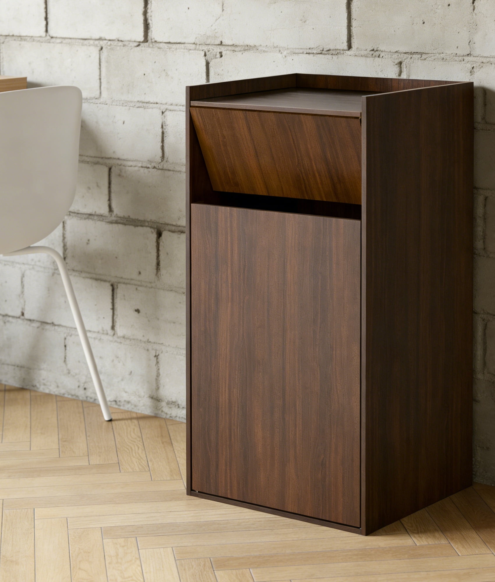 Esheno Commercial 50 Gallon Trash Can Cabinet Wooden Conceals Large Bin with Odor Control Waterproof Adjustable Hinges for Restaurant Cafe Kitchen Brown
