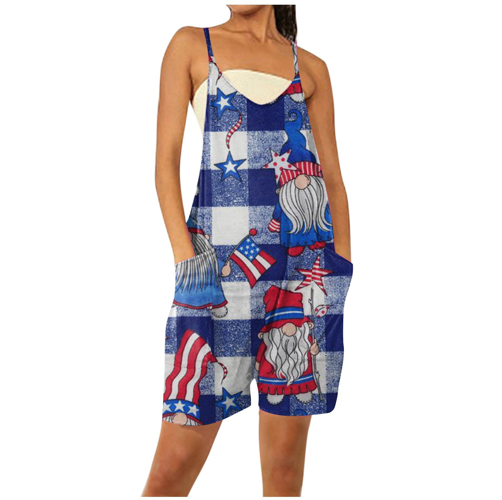Mlqidk Womens Oversized Sleeveless American Flags Short Jumpsuits Loose ...