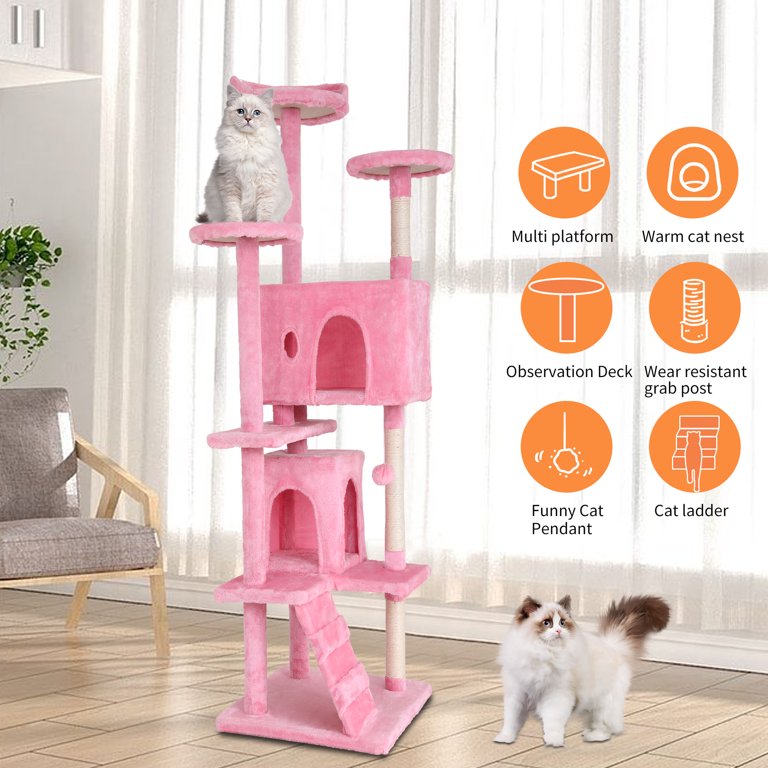 Small Cat Tree Tower With Scratching Post & Bed - For Kittens & Adult Cats, Pink