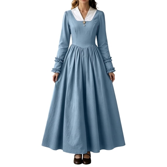 BRGZLK Womens V Neck Vintage Dress Color Block Long Sleeve Ruffle Cuff High-Waisted Renaissance Medieval Costume Dresses Halloween Outfits Sky Blue S