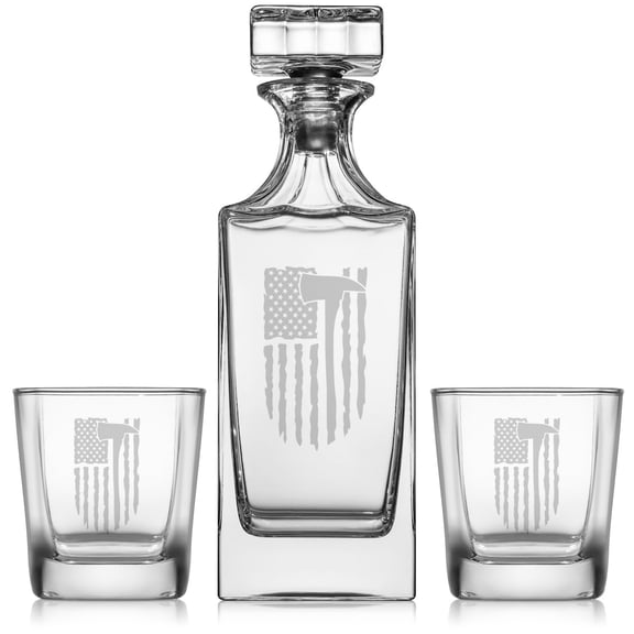 Whiskey Decanter Gift Set With 2 Whiskey Old Fashioned Rocks Glasses Firefighter Axe American Flag