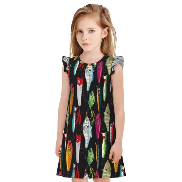 Fotbe Colorful Fishing Lures Vestido de Dormir para Niñas de 3 a 10 Años, Mangas Cortas, Estilo Princesa, Pijama Camisón con Mangas Voladas-Large
