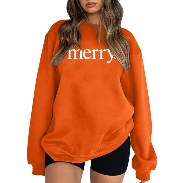 Gibobby Sudaderas Navideñas para Mujeres Sudaderas con cuello redondo y manga larga para mujer, suéter con estampado navideño, sudaderas holgadas sin capucha(Naranja,XG)