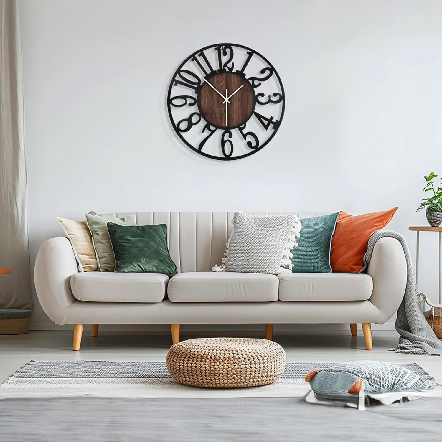 Large Round Wall Clock for Living Room Decor Battery Operated Non Ticking Black Metal Wood Clocks for Home Living Room Garden Farmhouse Office Kitchen Decoration -24 inch
