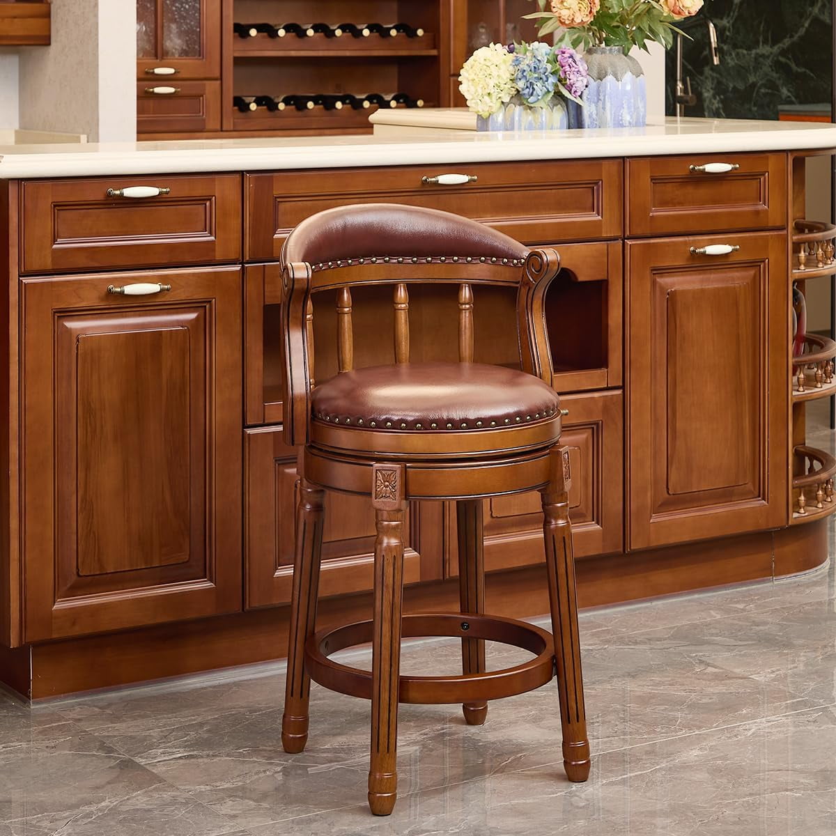 AULIFE Bar Stools Mid-Back Modern Swivel Barstools,Kitchen Counter Genuine Leather Upholstered Island Barstool with Footrest for Home Kitchen Dining Room