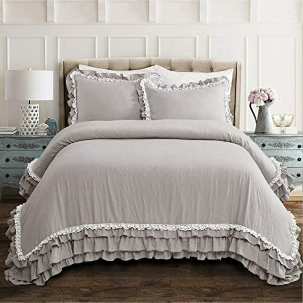 Lush Decor, Light Gray Ella Shabby Chic Ruffle Lace 3 Piece Comforter Set, King(Refurbished)LIKE