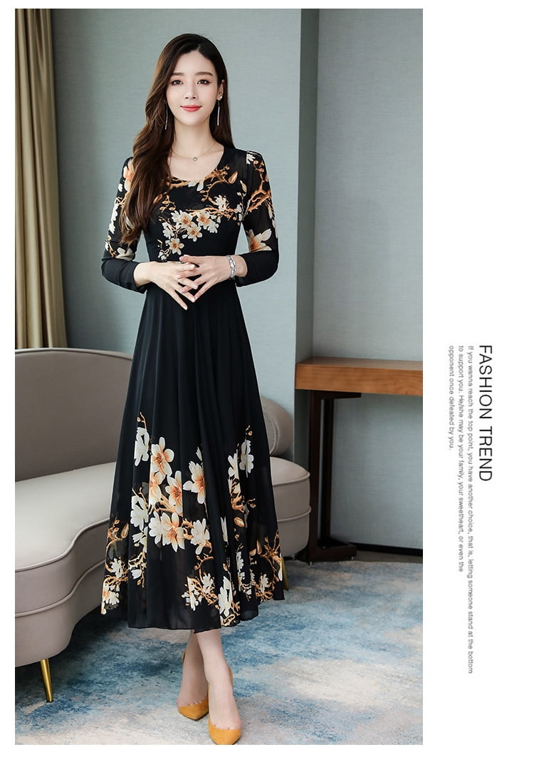 Woman Round Neck Leisure Dress Long Sleeves Dress with Floral