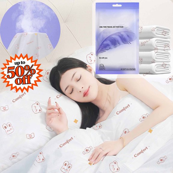 FEOLGEHLY 4 Piece Disposable Twin/Queen Sheets Microfiber Flat Bed Sheets Only (71x91in) ,Duvet Cover(87x94in) and 2 Throw Pillow Cases(20x32in) Set, Washable Breathable Bedding for Business Travel