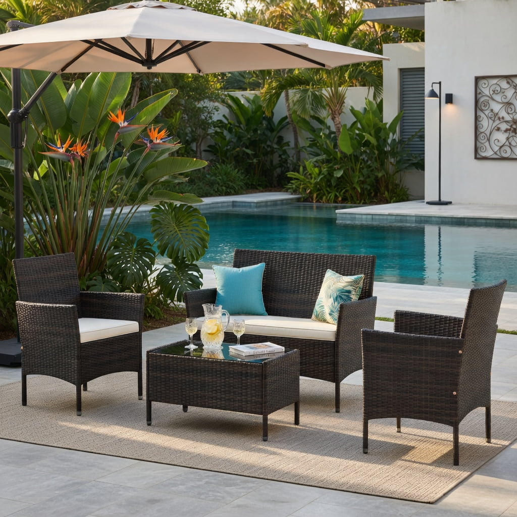 Hommoo 4-Piece Outdoor Rattan Patio Conversation Set with Plush Cushions, Loveseat, 2 Chairs & Tempered Glass Coffee Table, Weather-Resistant PE Wicker for Backyard, Poolside & Porch, Brown