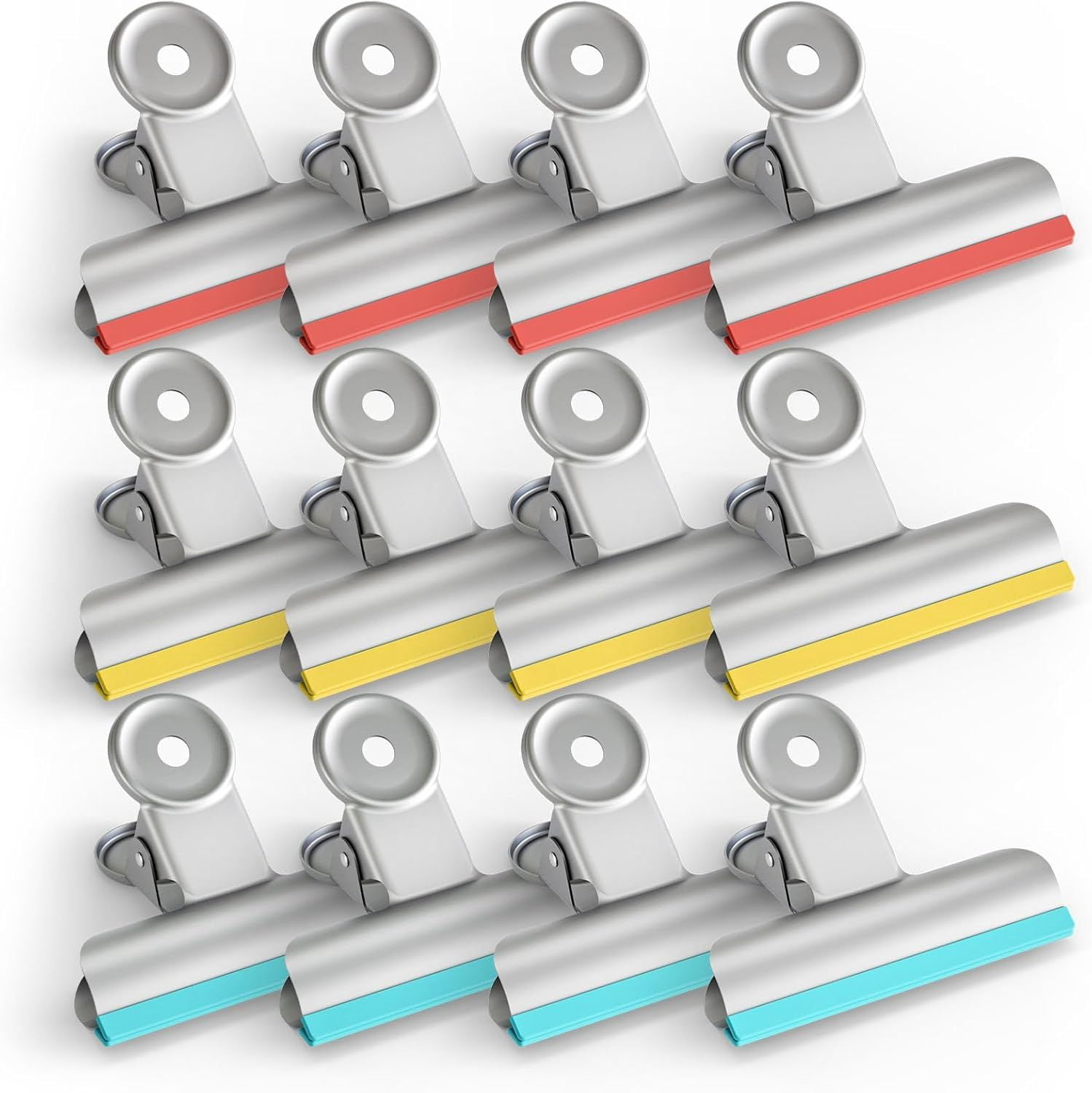 12 Pack Stainless Steel Chip Bag Clips Covered with Silicone NO More Sharp Edges Bulldog Clips for Food Bags Air Tight Seal Heavy Duty Binder Paper Clips for Kitchen and Office 3 Inches
