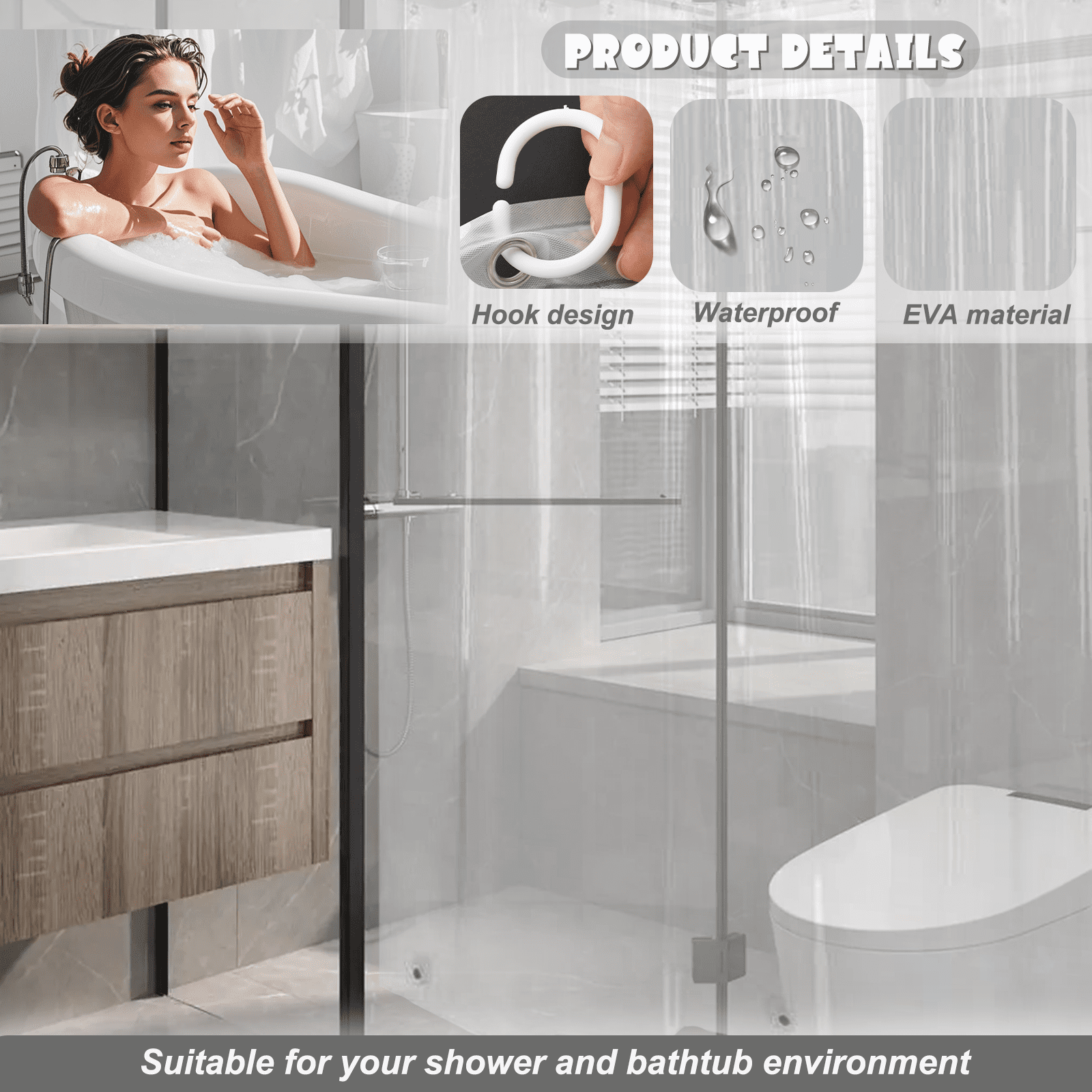 Dznils Extra Long Clear PEVA Shower Curtain Liner with Hooks Mildew Resistant, 72" W x 78" H, 2 Pack