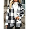 thumbnail image 5 of Women Winter Coat Button Front Plaid Pattern Double Pocket Drop Shoulder Flannel Coat Long Sleeve Jacket Outwear White S, 5 of 8