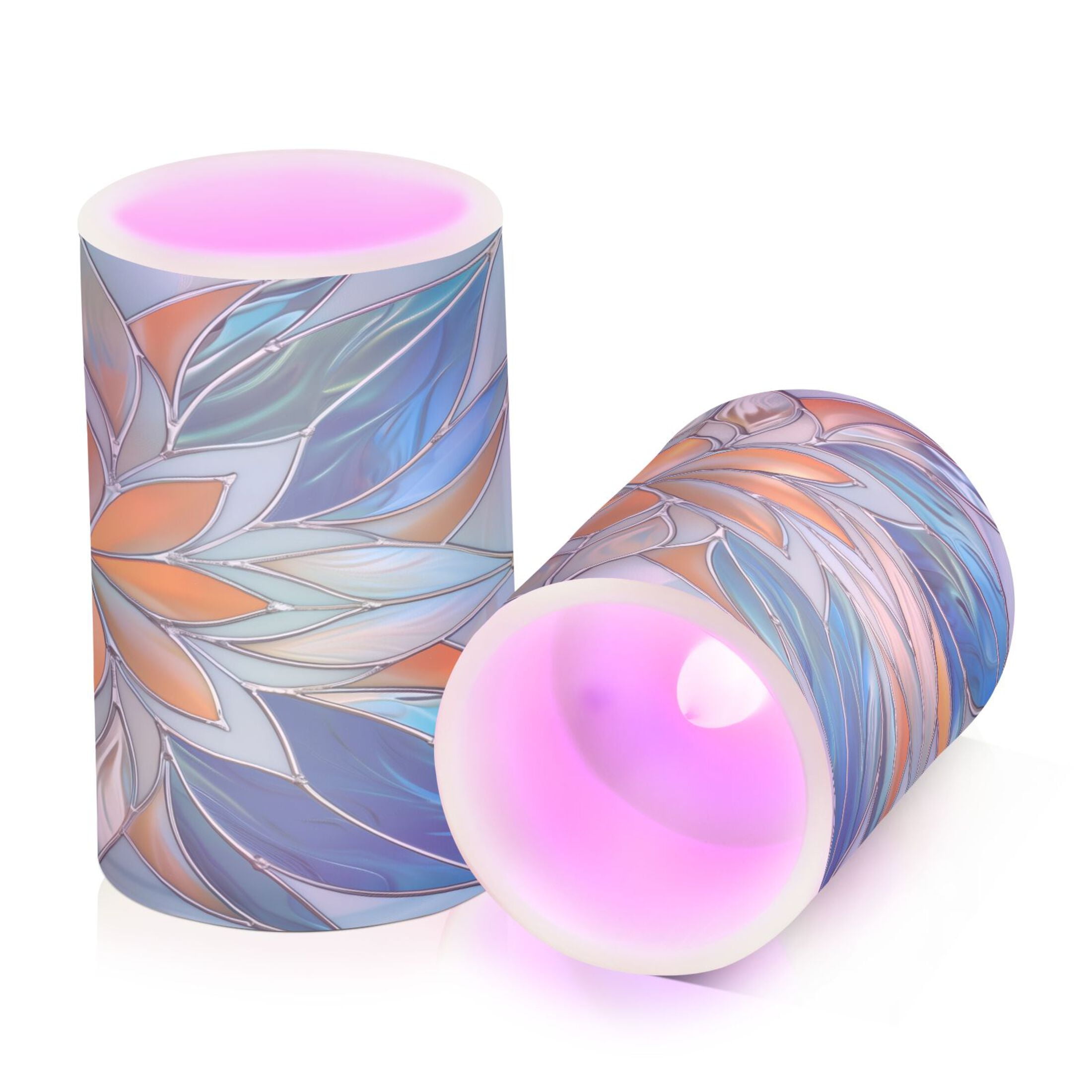 Flickering Flameless LED Candles set of 2 Battery Operated 18-Key Remotes Timer Halloween Fall Decor Orange Blue Floral Stained Glass D3''xH4''5''
